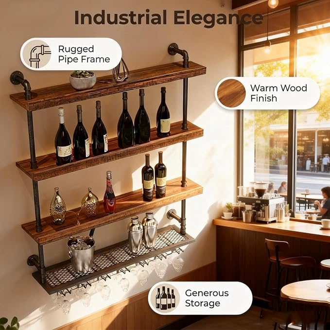 Wall Mounted Wine Rack with LED Lights, 4-Tier Industrial Wood Floating Shelves - Image 6