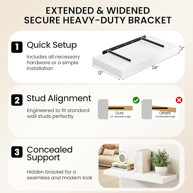 32Inch White Floating Shelves for Wall, 12 Inch Deep Shelves for Bedroom - Image 6