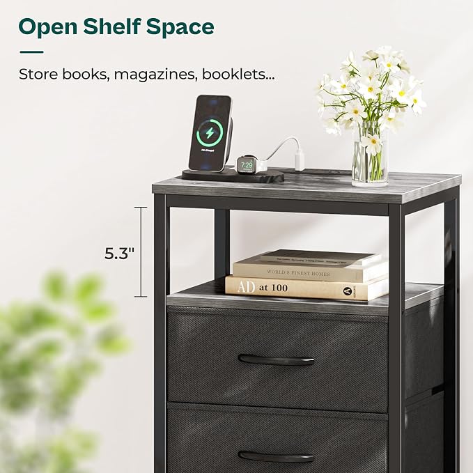 Huuger Nightstand with Charging Station, 27.6 Inch End Table Bedside Table with - Image 7