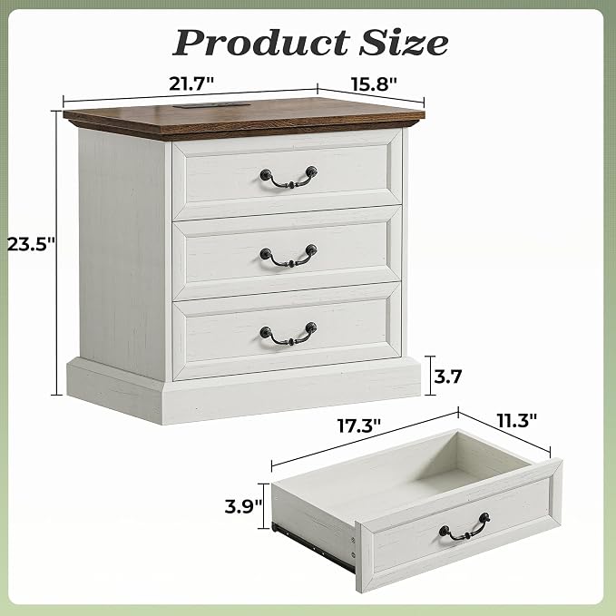Huuger Nightstand with Charging Station, 3 Drawer Night Stand, 22 Inch Wider - Image 2