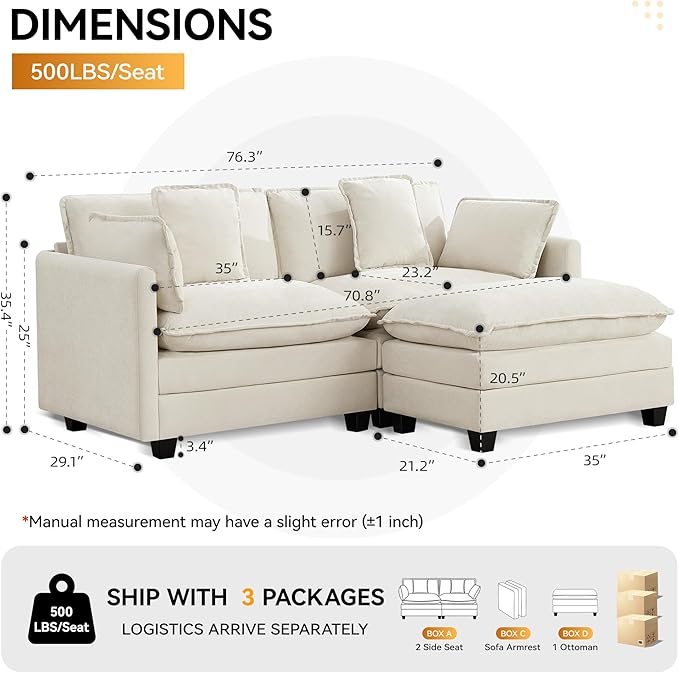 76'' Cloud Deep Seat Loveseat, Upholstered Chenille Modular 2-Seats Sectional - Image 2