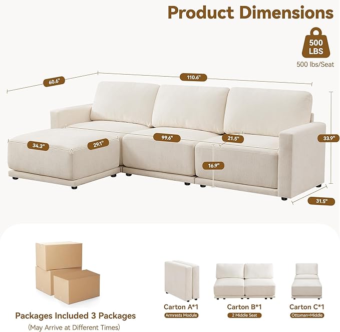 110.6" L Shaped Modular Sectional Sofa Modern Chenille Comfy Couch - Image 2