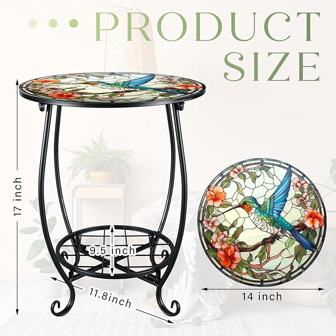 Cinnvoice Outdoor Side Table Round Small Mosaic Patio Accent Indoor End Plant - Image 3