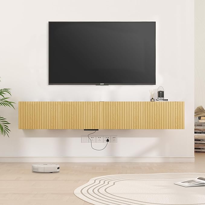 71” Floating TV Stand with LED Lights & Charging Station, Wall Mounted by EAZEHOME