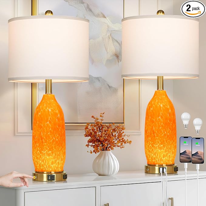 Rinweey 26" Modern Orange Glass Table Lamp Set of 2, Bedside Lamps by Rinweey