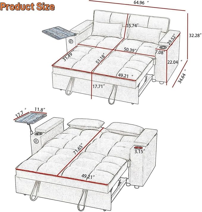 oaaktu Large Size Convertible Sleeper Sofa Bed, Polka dot Velvet Pull Out Futon - Image 2