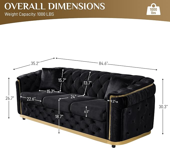 DAMAIFROM Velvet Couch Black and Gold Sofa Luxury Loveseat 84.6" Mid Century - Image 2