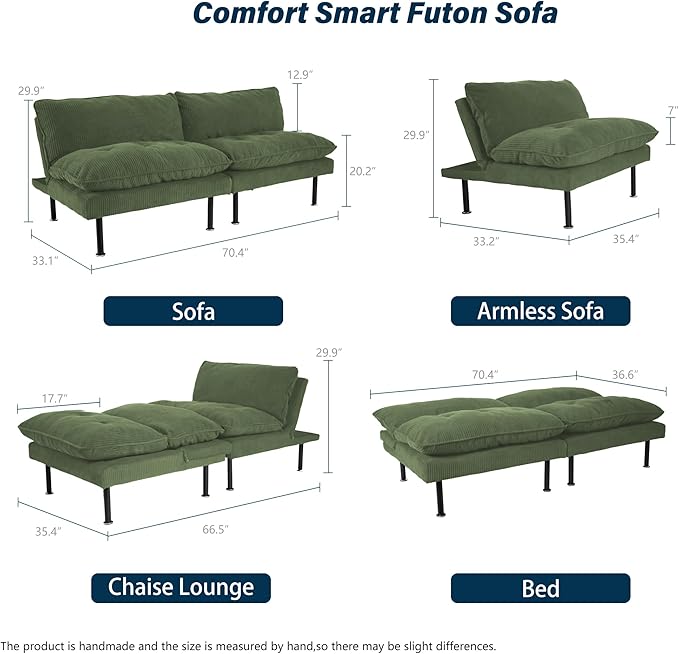 Ribilake 2 Sets 70" Futon Sofa Bed, 4 in 1 Multi-Function Couch Sleeper - Image 2