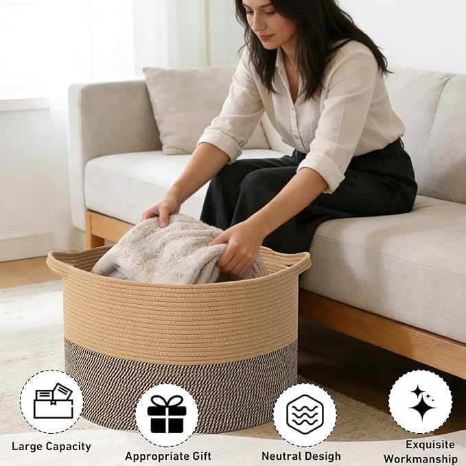 115L Extra Large Blanket Basket, Woven Rope Laundry Basket Hamper - Image 4
