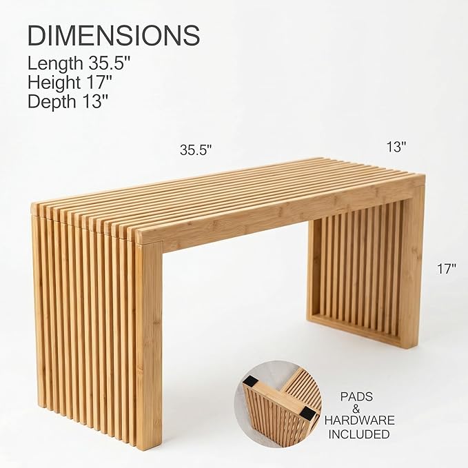 Bamboo Natural 36 inch Wooden Bench, Small Wood Benches - Image 3