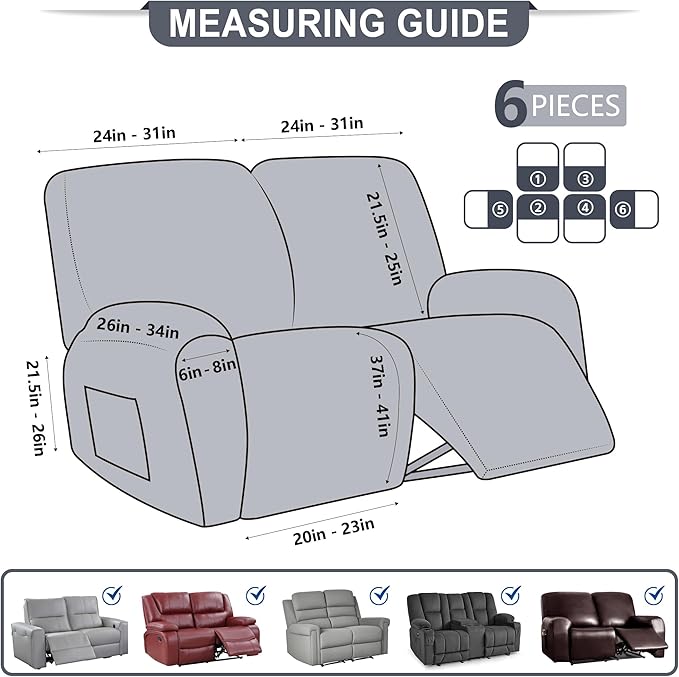ANARACHON Leather Look Loveseat Recliner Cover, 6-Pieces Stretch Dual Recliner - Image 3