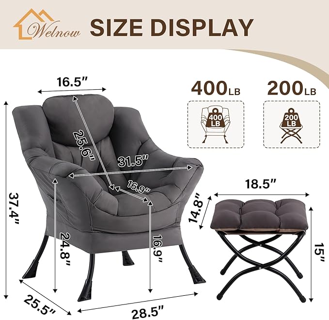 Welnow Lazy Chair with Ottoman, Modern Accent Chair with Armrests and a Side - Image 3