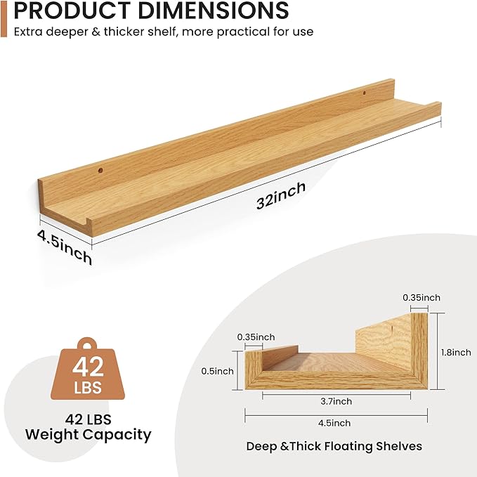 Fun Memories Picture Ledge Shelves Set of 2, 32 Inch Rustic Wall Mounted - Image 3