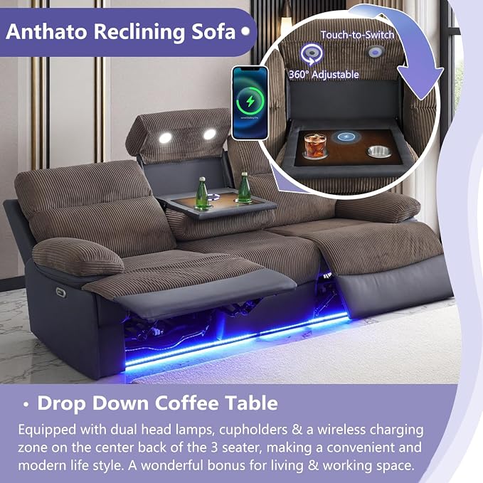 Power Recliner Sofa Set, Corduroy & Leather Fabric Reclining Sofa Couch - Image 3