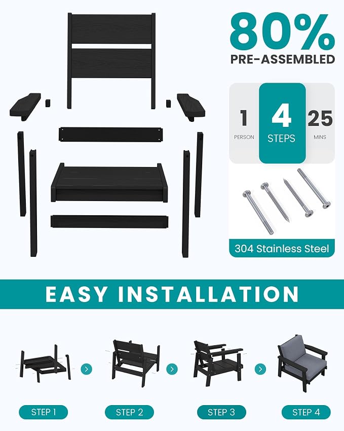 SERWALL 4 Piece HDPE Outdoor Furniture Set, All Weather Wood-Like Outdoor Sofa - Image 7