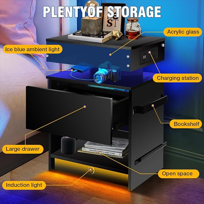 Nightstand with Induction Light & Side Charging Station, Modern Bedside Table - Image 6