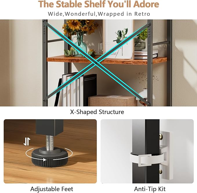 Furologee 5 Tier Book Shelf, Tall Wide Bookshelf, Industrial Open Bookcase - Image 4