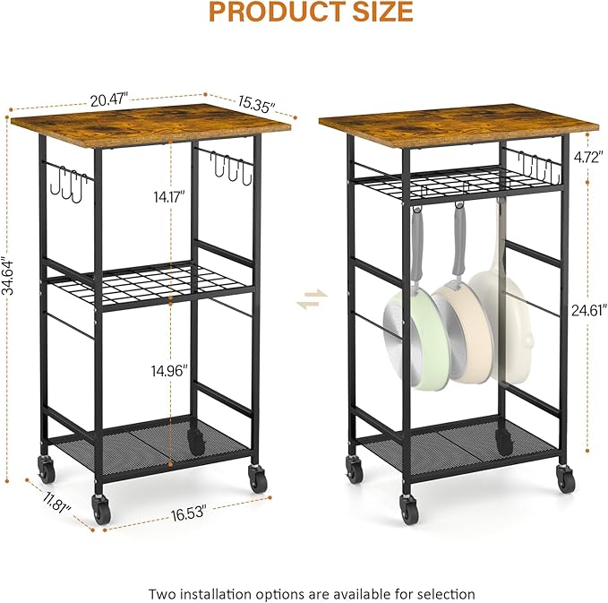 ThreeHio Rolling Kitchen Microwave Cart, 3 Tier Microwave Table Stand - Image 3