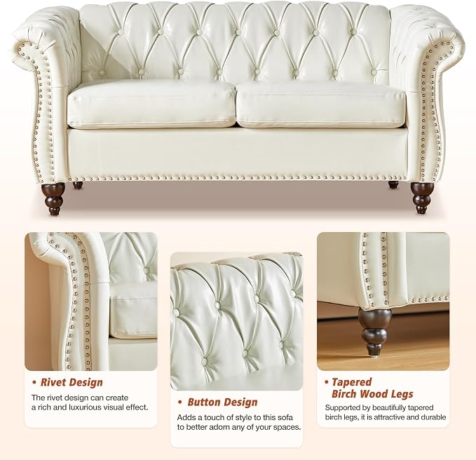 ORRD 3 Piece Living Room Set, Chesterfield Faux Leather Sofa Loveseat Couch - Image 6
