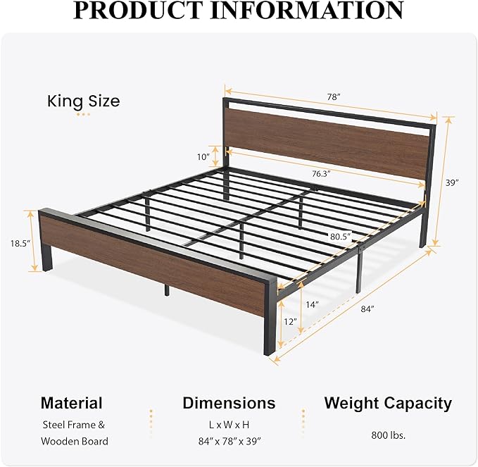 SHA CERLIN 14 Inch King Size Metal Platform Bed Frame - Image 2