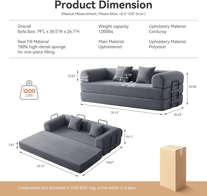Sofa Bed, Corduroy Sleeper Sofa Bed - Image 2