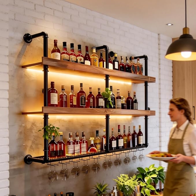 Wall Mounted Wine Rack with LED Lights, 4-Tier Industrial Wood Floating Shelves - Image 6