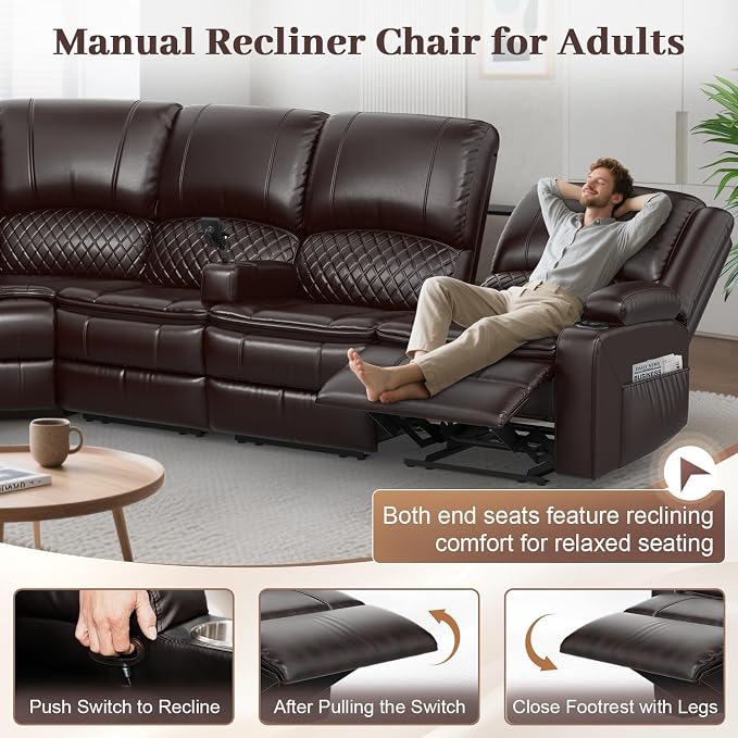 Yolsali Manual Reclining Sectional Sofa Set, 5 Seats 1+1+3 Leather Reclining - Image 6
