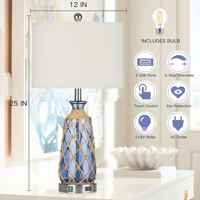 Ruzectt Coastal Glass Table Lamps, 3-Way Dimmable Touch Control Bedside Lamps - Image 4