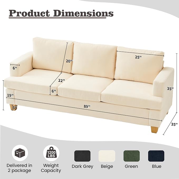 Apicizon 89" 3 Seater Modern Sofa, Chenille Couch - Image 2