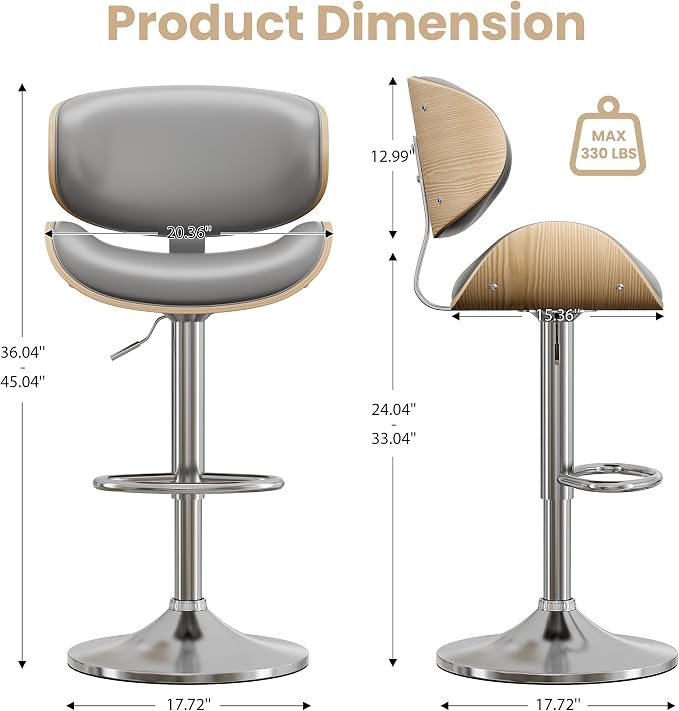YaFiti Bar Stools Set of 2, Bentwood Adjustable Height Swivel Bar Stools - Image 3