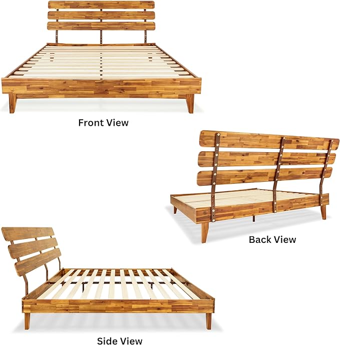 Bme Caden King Size Bed Frame and Adjustable Headboard, 15 Inch Mid Century - Image 3
