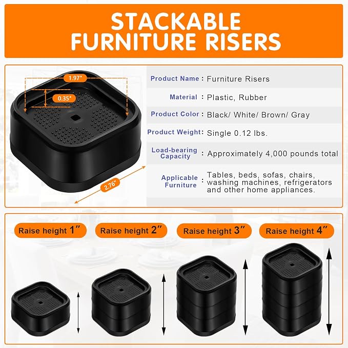 shouwuhho 4 Pack Furniture Risers Adjustable Bed Risers Heavy Duty Lifts Height - Image 2