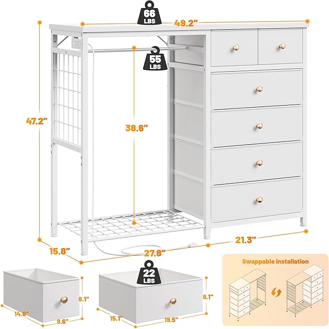 EnHomee 49.2" W Dresser with Hanging Rack & 6 Fabric Drawers - Image 2