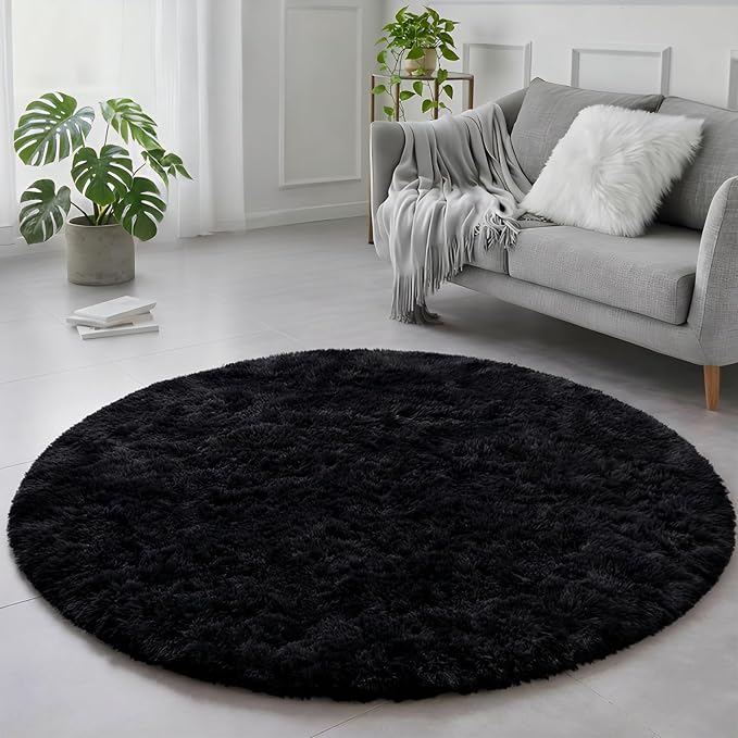 Black Small Round Rug 3Ft for Bedroom, Fluffy Circle Area Rugs for Living Room by Amdrebio