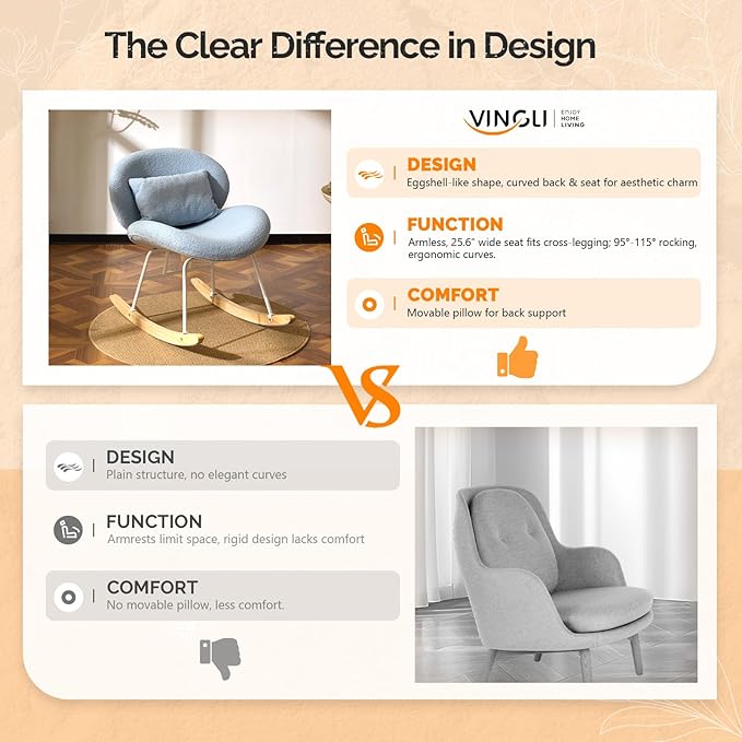 VINGLI 25.6" Extra Wide Criss Cross Nursery Rocking Chair, Cute Curved 115° - Image 3