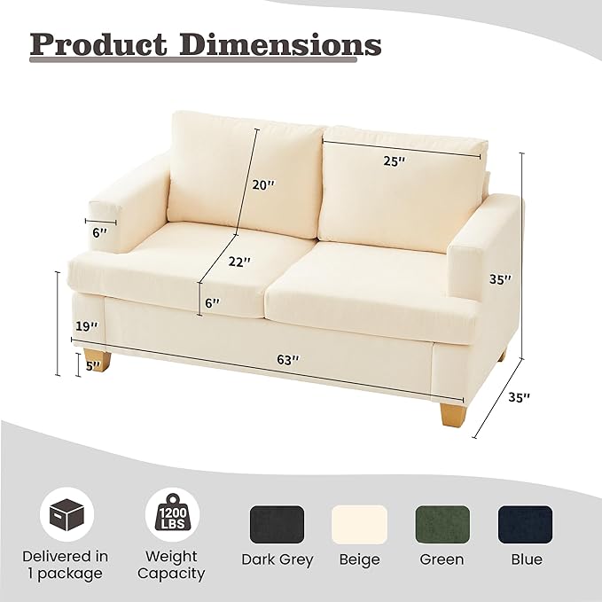 Apicizon 63" Loveseat Sofa Couch, Cloud Couch Lounge Sofa - Image 2