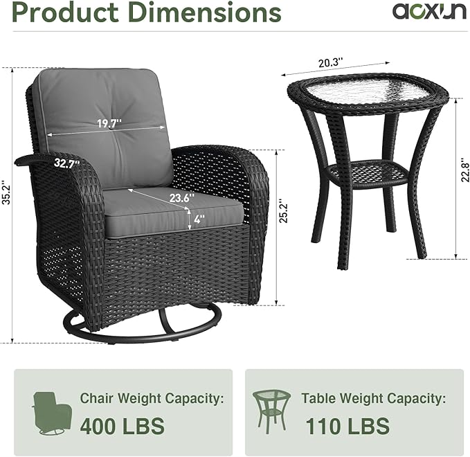 Aoxun 3 Pieces Patio Furniture Set, Patio Swivel Rocker Chairs Set of 2 - Image 8