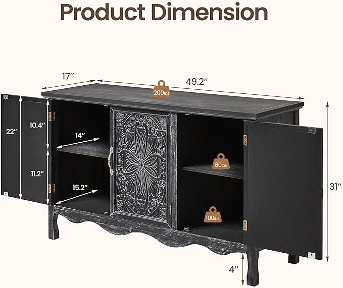 RoyalCraft Buffet Cabinet with Storage, Vintage Solid Wood Sideboard Table - Image 2