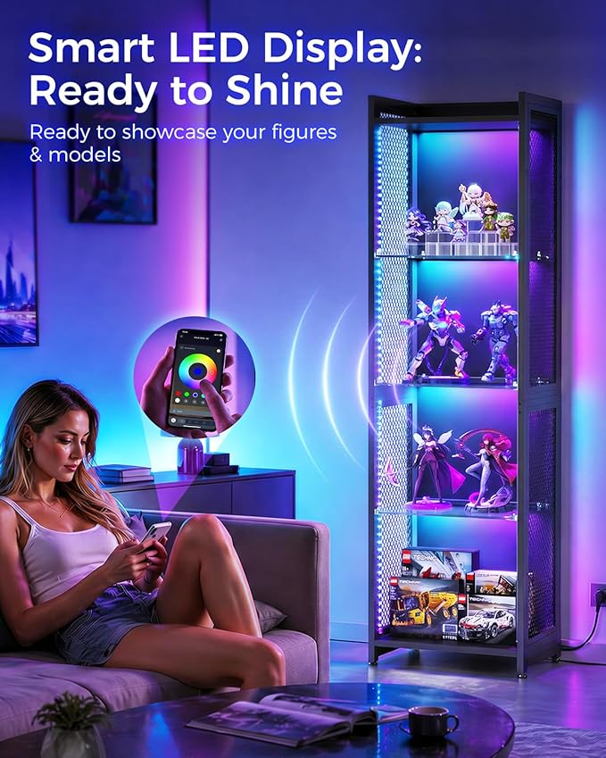 AODK Display Case with LED Lights, Display Cabinet with Open Glass Shelves - Image 3