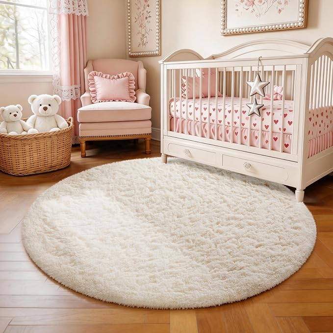 Ophanie Round Rug 4Ft Ivory Circle Area Rugs, Fluffy Fuzzy Small Bedroom Carpet by Ophanie