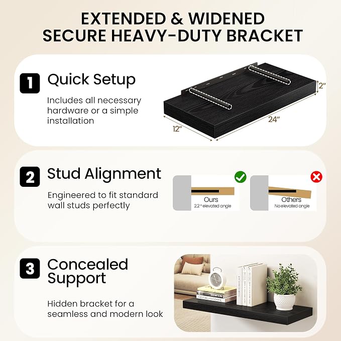 30Inch Black Floating Shelves for Wall, 12 Inch Deep Shelves for Bedroom - Image 6