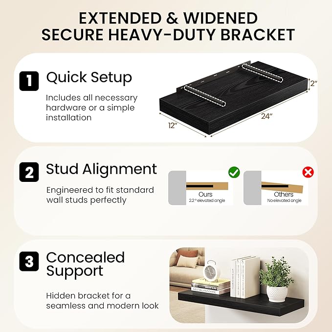 32Inch Black Floating Shelves for Wall, 12 Inch Deep Shelves for Bedroom - Image 6