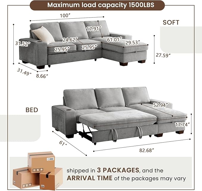 99" Convertible Sleeper Sofa Bed, L Shaped - Image 3