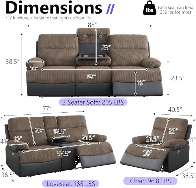 Power Recliner Chair Sofa, Living Room Furniture Sets, Luxury Fabric Reclining - Image 2
