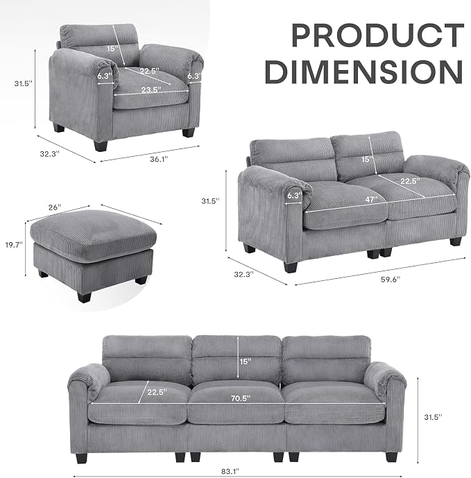 HAOMARKETS Corduroy 3-Piece Sofa Set, Upholstered Ottoman, Loveseat 2-Seater - Image 2