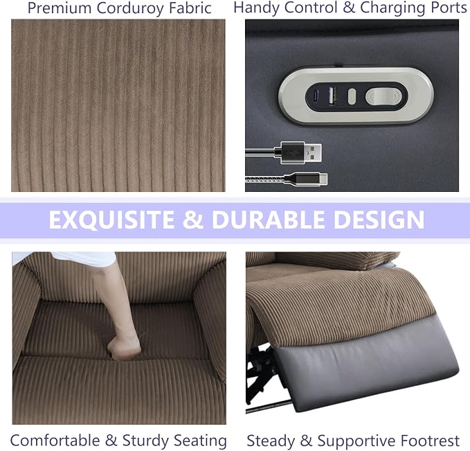 Power Recliner Sofa Set, Corduroy & Leather Fabric Reclining Sofa Couch - Image 4