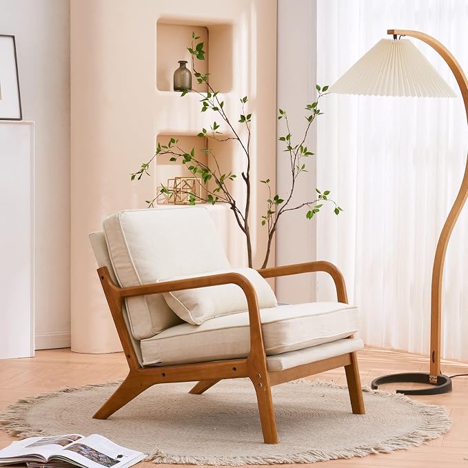 Bonnlo Fine Linen Beige Mid Century Modern Accent Chair, Soild Wood Padding - Image 9