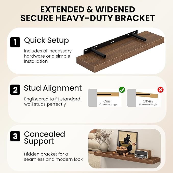 Fun Memories Floating Shelves for Wall, 40 Inch Long Set of 2 Rustic Wood Wall - Image 5