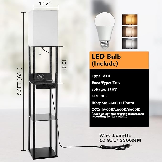 Floor Lamp with Shelves, RUNTOP LED Shelf Floor Lamp with Wireless Charger & 2 - Image 5