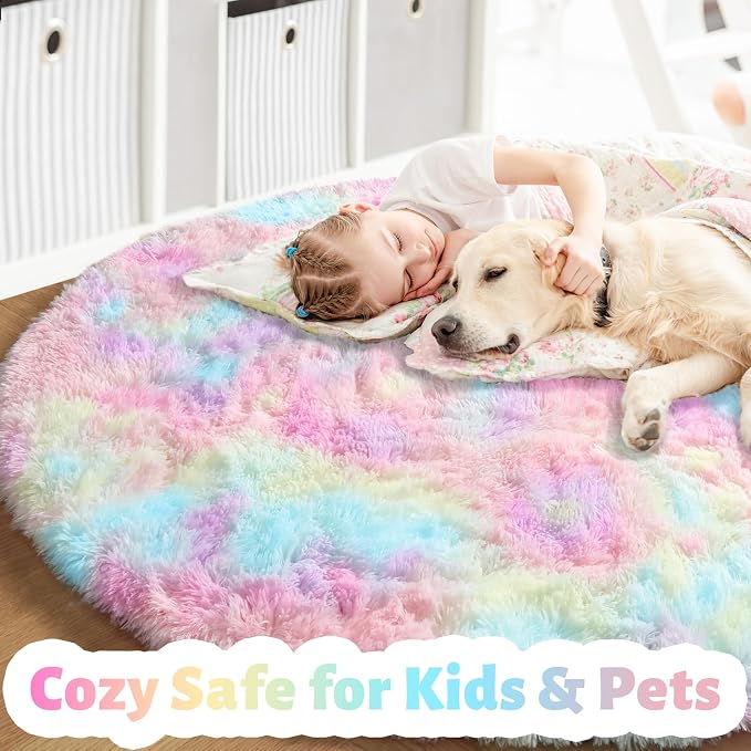 Amdrebio Rainbow Fluffy Small Round Rug 3Ft Kids Rugs - Image 3
